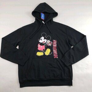 Disney Embroidered Mickey Mouse Hoodie Women XL Black Floral Pullover NEW w TAGS